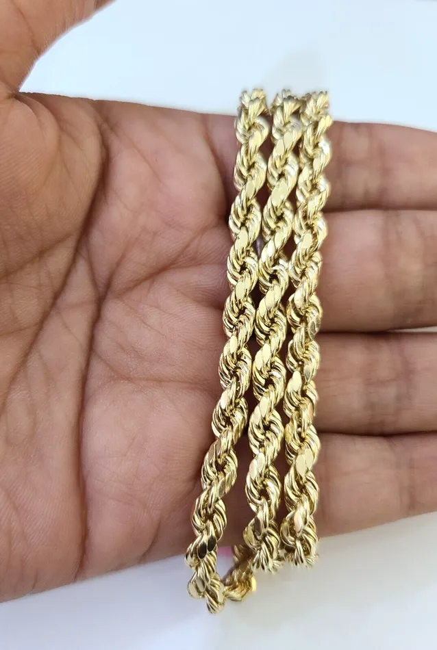 Globalwatches10 14K Yellow Gold 5mm Rope Chain 20 Inch Diamond cuts necklace Real 14KT For Men Necklaces