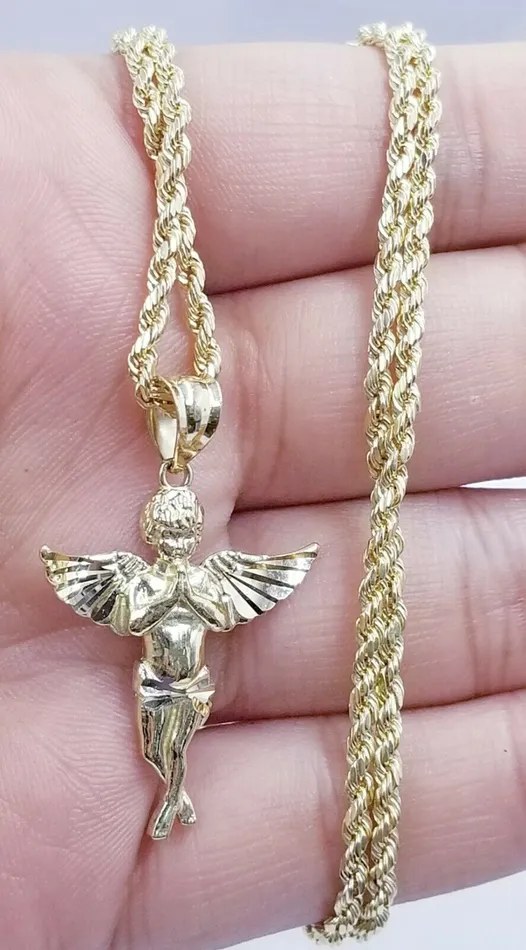 Gold and Diamond Charm Necklaces 10k Yellow Gold Praying Angel Charm Diamond Cut Guardian Angel Pendant Real