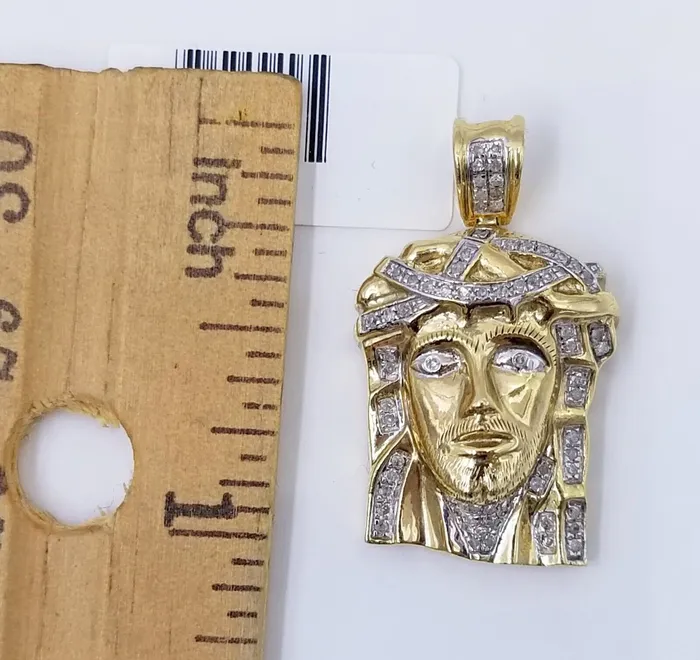Gold and Diamond Charm Necklaces Real 10K Yellow Gold Jesus Head Charm Pendant Genuine Diamond