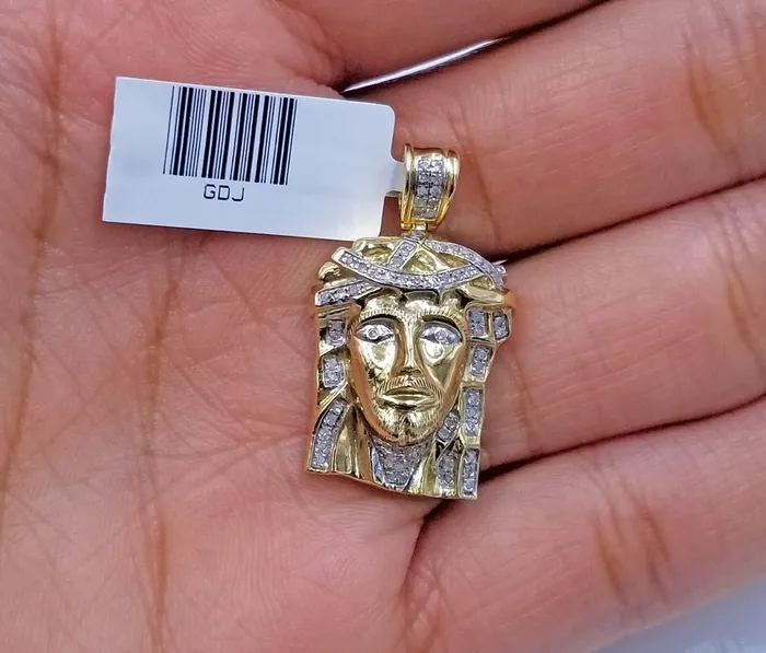Gold and Diamond Charm Necklaces Real 10K Yellow Gold Jesus Head Charm Pendant Genuine Diamond