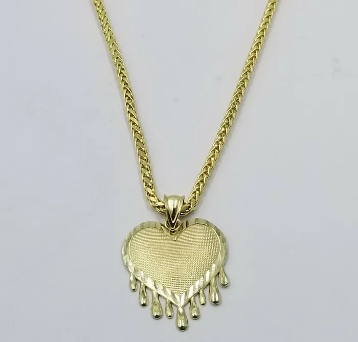 Gold and Diamond Necklaces 10k Dripping Heart Yellow Gold Diamond Cut Pendant Palm Chain 20 3mm