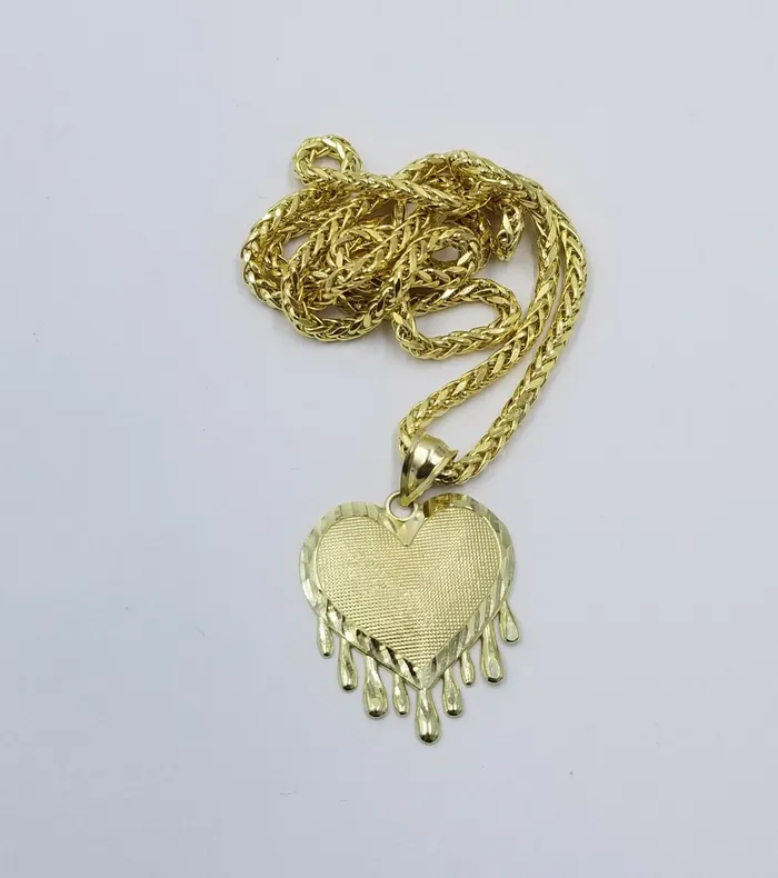 Gold and Diamond Necklaces 10k Dripping Heart Yellow Gold Diamond Cut Pendant Palm Chain 20 3mm