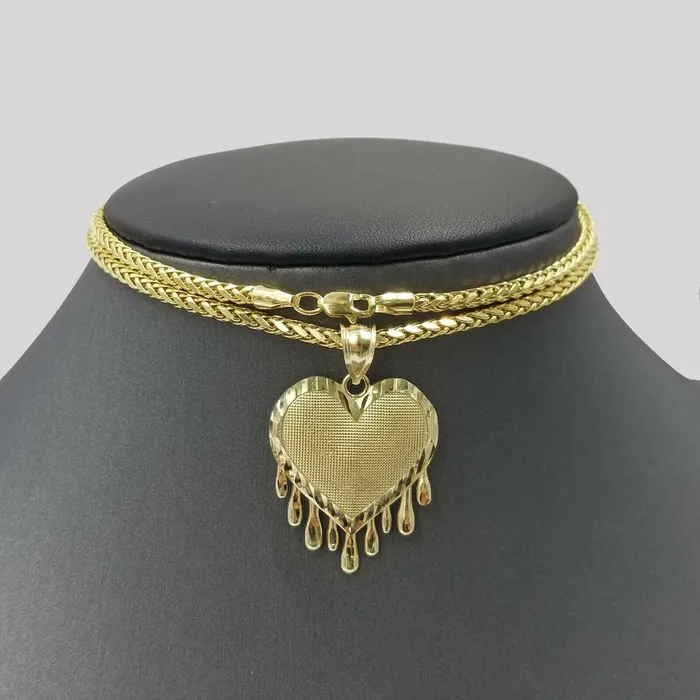 Gold and Diamond Necklaces 10k Dripping Heart Yellow Gold Diamond Cut Pendant Palm Chain 20 3mm