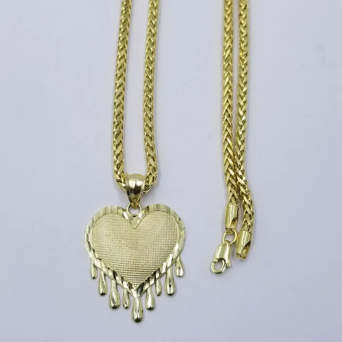 Gold and Diamond Necklaces 10k Dripping Heart Yellow Gold Diamond Cut Pendant Palm Chain 20 3mm