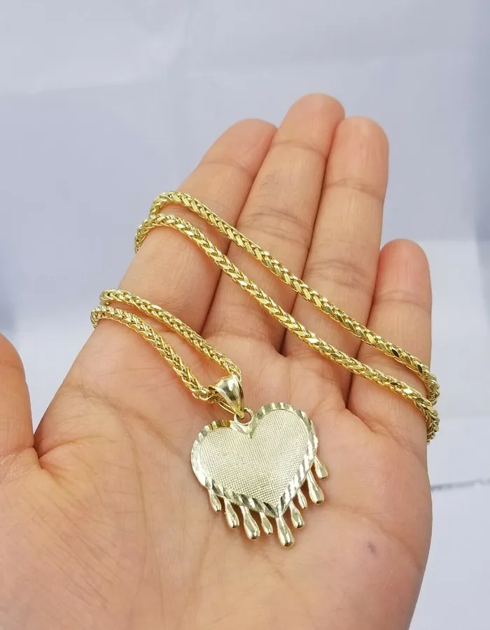 Gold and Diamond Necklaces 10k Dripping Heart Yellow Gold Diamond Cut Pendant Palm Chain 20 3mm