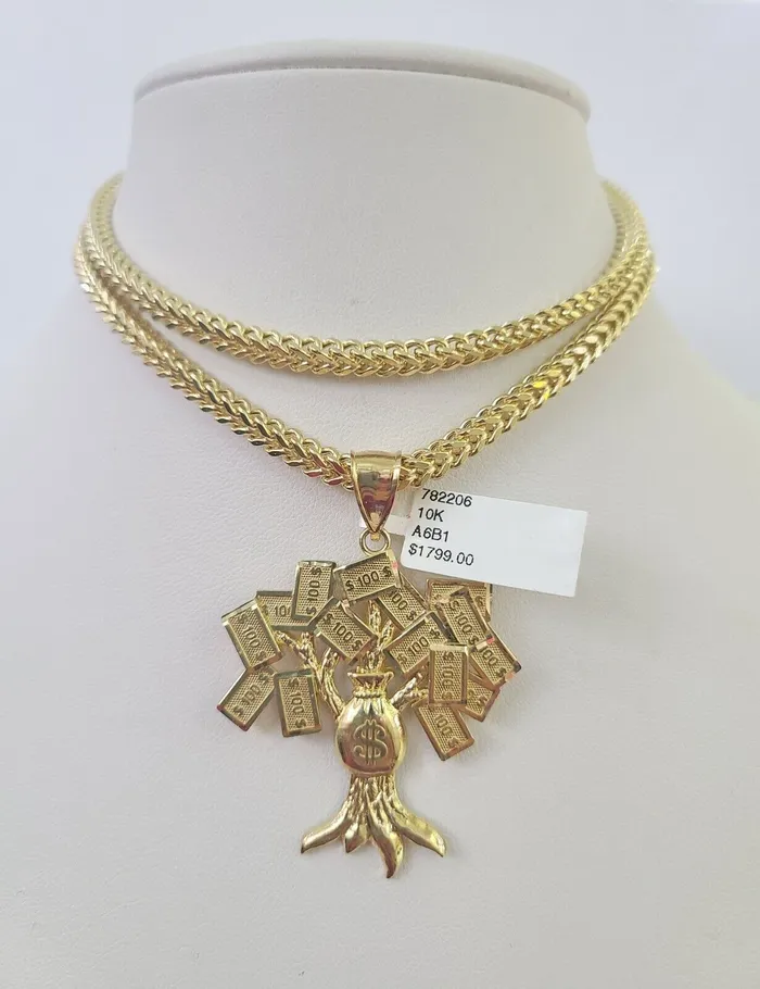 Gold and Diamond Necklaces 10K Franco Chain Money Tree Pendant Charm Necklace 2028 4mm Yellow Gold SET Gold and Diamond Necklaces 10K Franco Chain Money Tree Pendant Charm Necklace 2028 4mm Yellow Gold SET