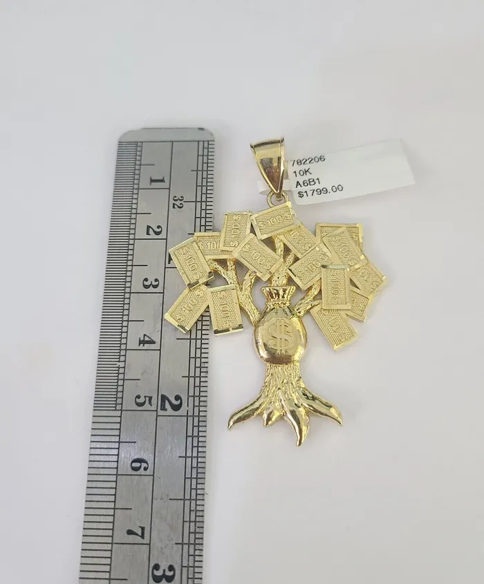 Gold and Diamond Necklaces 10K Franco Chain Money Tree Pendant Charm Necklace 2028 4mm Yellow Gold SET
