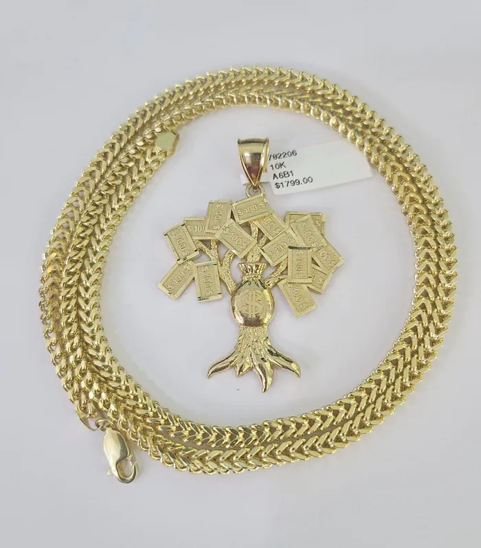 Gold and Diamond Necklaces 10K Franco Chain Money Tree Pendant Charm Necklace 2028 4mm Yellow Gold SET