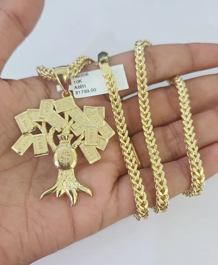 Gold and Diamond Necklaces 10K Franco Chain Money Tree Pendant Charm Necklace 2028 4mm Yellow Gold SET