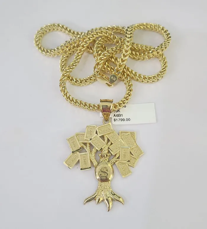Gold and Diamond Necklaces 10K Franco Chain Money Tree Pendant Charm Necklace 2028 4mm Yellow Gold SET