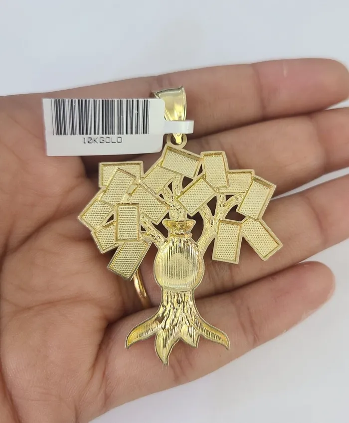 Gold and Diamond Necklaces 10K Franco Chain Money Tree Pendant Charm Necklace 2028 4mm Yellow Gold SET