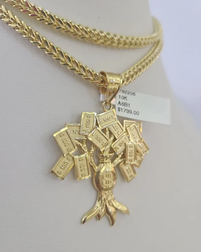 Gold and Diamond Necklaces 10K Franco Chain Money Tree Pendant Charm Necklace 2028 4mm Yellow Gold SET