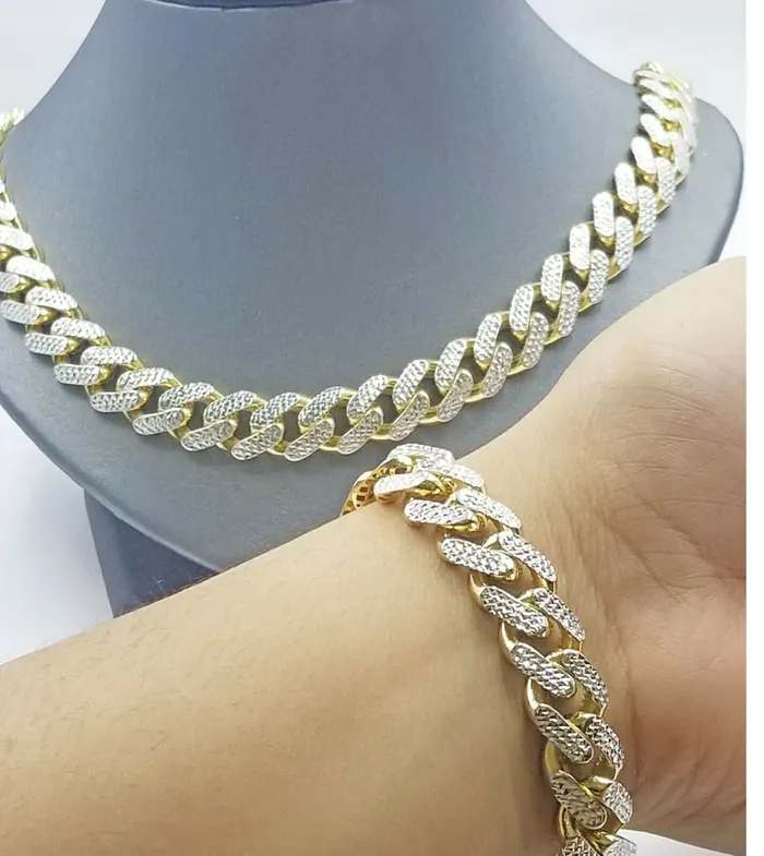 Gold and Diamond Necklaces 10k Gold Real Monaco chain 24 inch 14mm Miami Cuban Link Royal Diamond Cut Chain