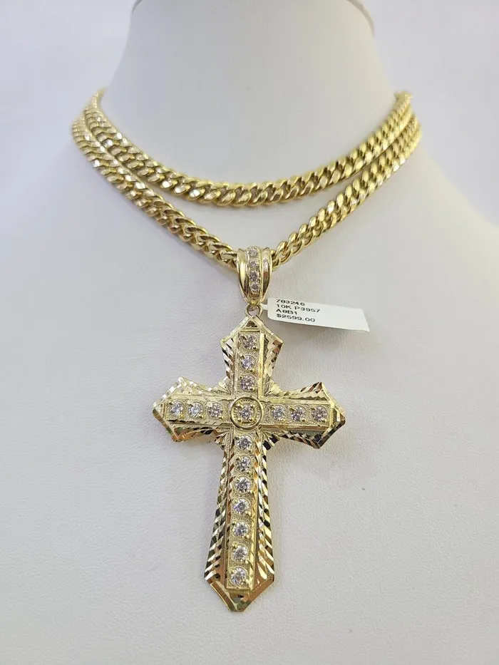 Gold and Diamond Necklaces 10K Miami Cuban Link Chain Jesus Cross Pendent Charm 6mm 2030 Necklace Gold and Diamond Necklaces 10K Miami Cuban Link Chain Jesus Cross Pendent Charm 6mm 2030 Necklace