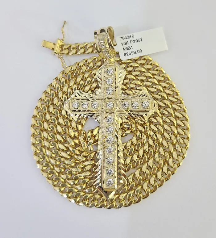 Gold and Diamond Necklaces 10K Miami Cuban Link Chain Jesus Cross Pendent Charm 6mm 2030 Necklace