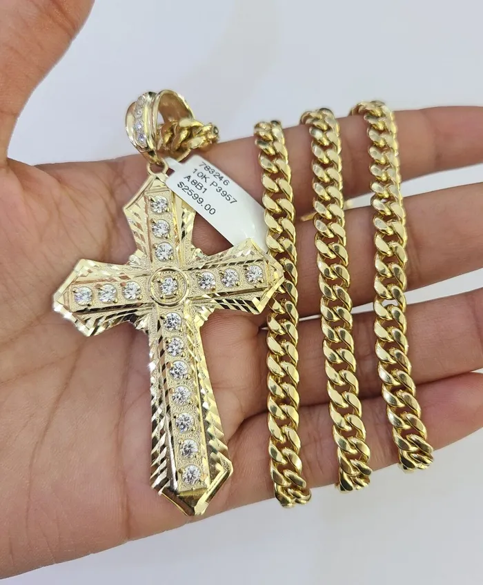 Gold and Diamond Necklaces 10K Miami Cuban Link Chain Jesus Cross Pendent Charm 6mm 2030 Necklace