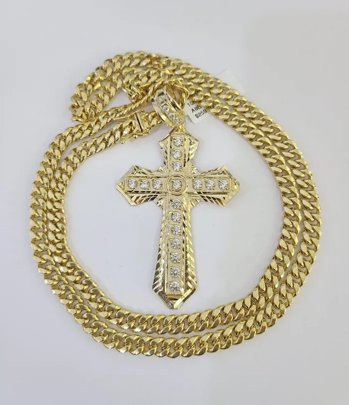 Gold and Diamond Necklaces 10K Miami Cuban Link Chain Jesus Cross Pendent Charm 6mm 2030 Necklace