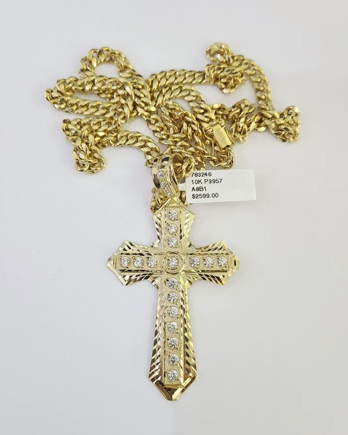 Gold and Diamond Necklaces 10K Miami Cuban Link Chain Jesus Cross Pendent Charm 6mm 2030 Necklace