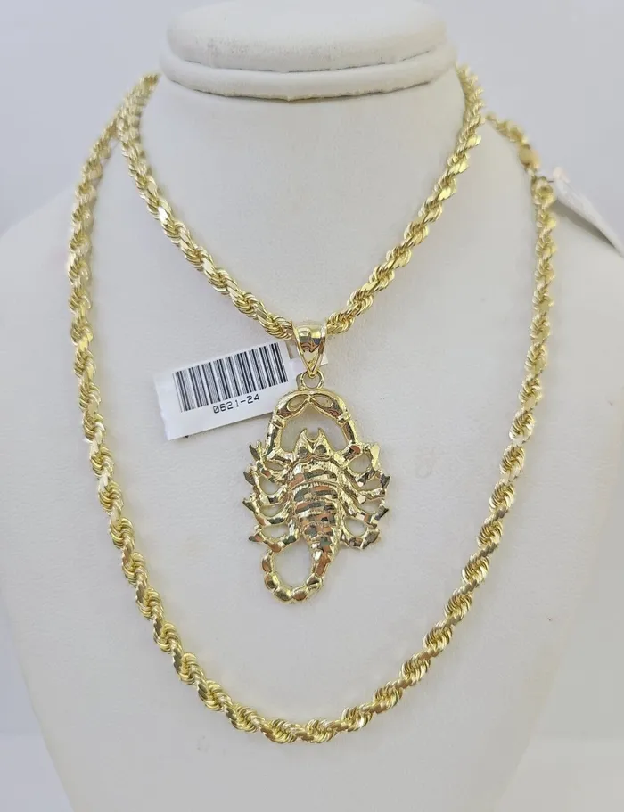 Gold and Diamond Necklaces 10k Solid Rope Chain Scorpion Charm Set 4mm 2028 Necklace Gold Yellow Gold and Diamond Necklaces 10k Solid Rope Chain Scorpion Charm Set 4mm 2028 Necklace Gold Yellow