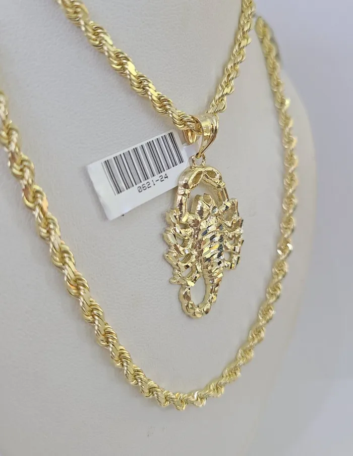 Gold and Diamond Necklaces 10k Solid Rope Chain Scorpion Charm Set 4mm 2028 Necklace Gold Yellow