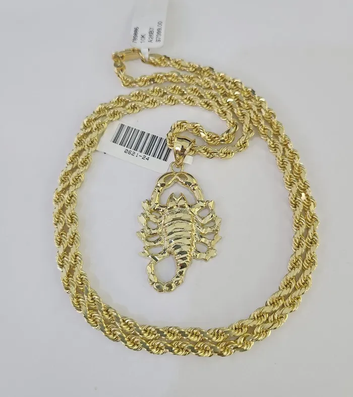 Gold and Diamond Necklaces 10k Solid Rope Chain Scorpion Charm Set 4mm 2028 Necklace Gold Yellow