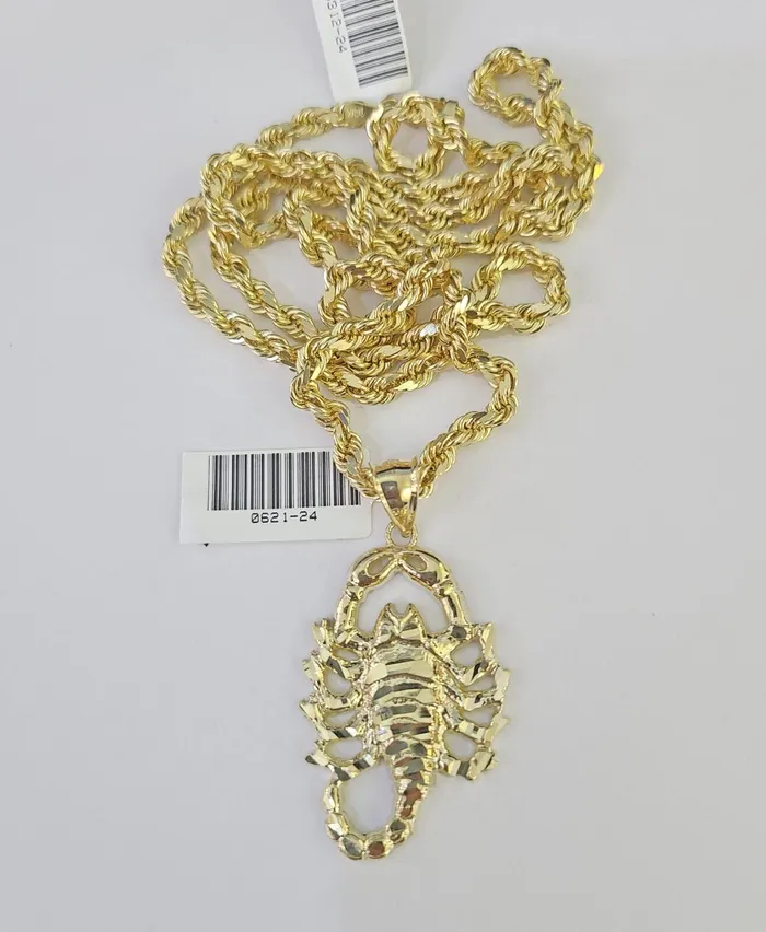 Gold and Diamond Necklaces 10k Solid Rope Chain Scorpion Charm Set 4mm 2028 Necklace Gold Yellow