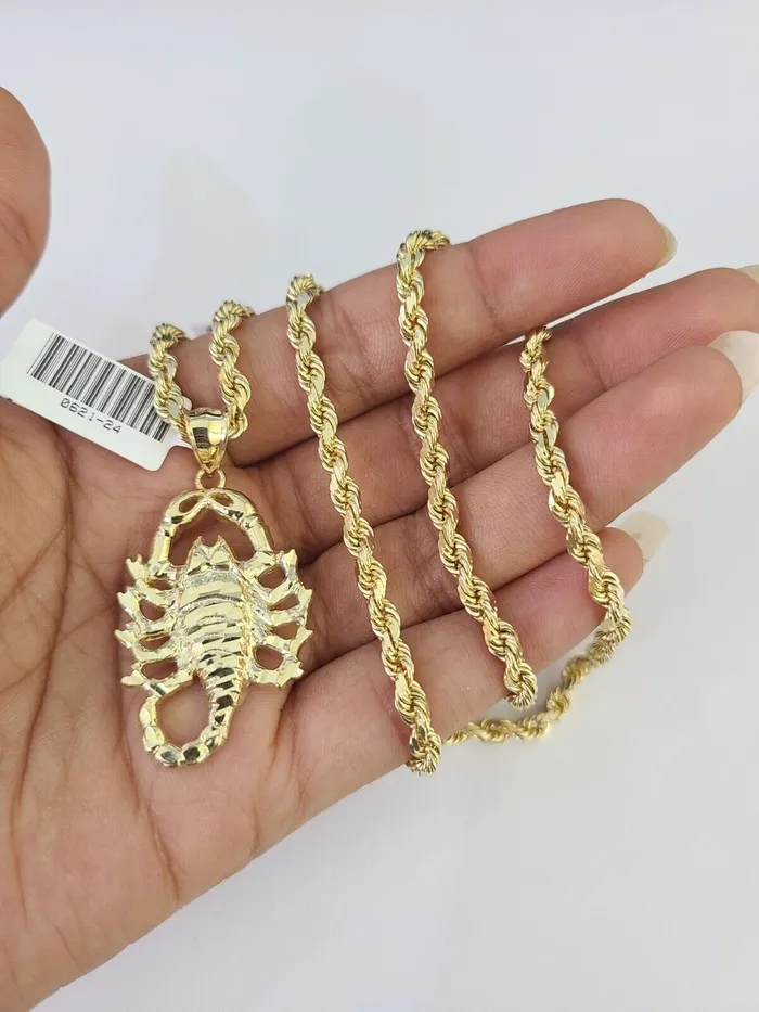 Gold and Diamond Necklaces 10k Solid Rope Chain Scorpion Charm Set 4mm 2028 Necklace Gold Yellow