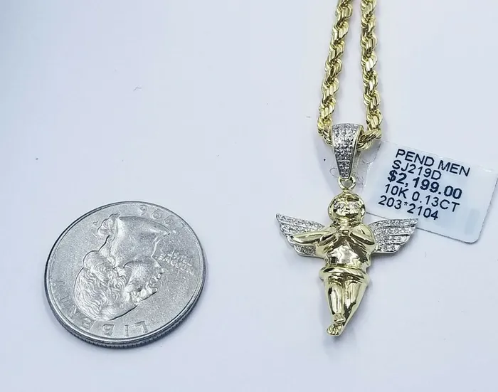 Gold and Diamond Necklaces Real 10k Gold Angel Charm Praying Pendant Diamond Cut 4mm Chain in 20 22 24 26