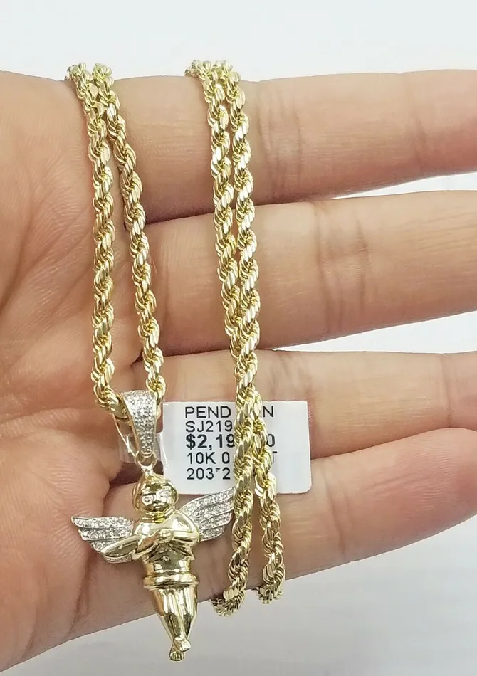 Gold and Diamond Necklaces Real 10k Gold Angel Charm Praying Pendant Diamond Cut 4mm Chain in 20 22 24 26