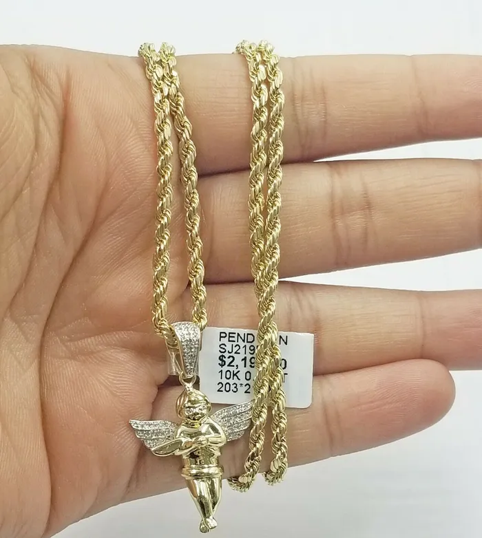 Gold and Diamond Necklaces Real 10k Gold Angel Charm Praying Pendant Diamond Cut 4mm Chain in 20 22 24 26