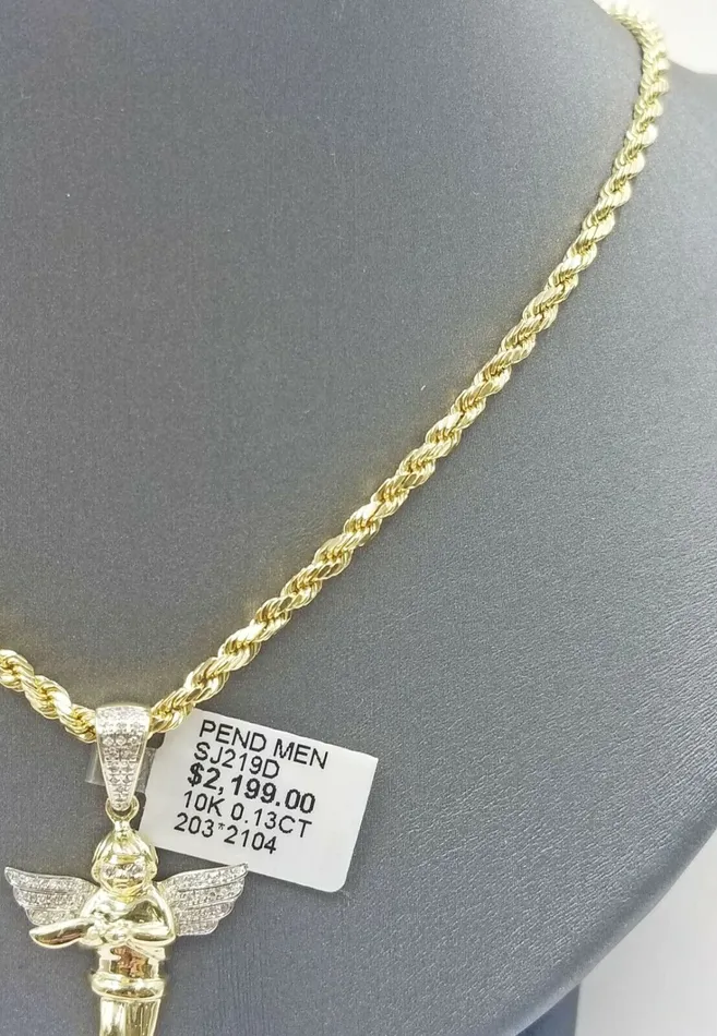 Gold and Diamond Necklaces Real 10k Gold Angel Charm Praying Pendant Diamond Cut 4mm Chain in 20 22 24 26