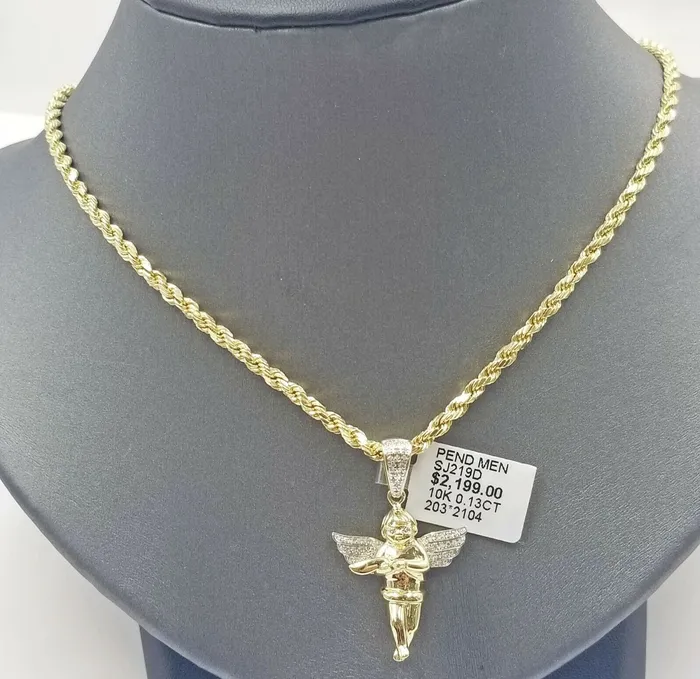 Gold and Diamond Necklaces Real 10k Gold Angel Charm Praying Pendant Diamond Cut 4mm Chain in 20 22 24 26