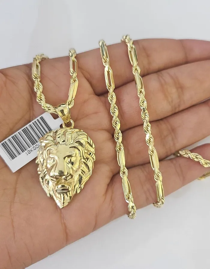 Gold and Diamond Real 10k Milano Rope Chain Roaring Lion Charm Necklace SET 3mm 18 20 22 24 Necklaces