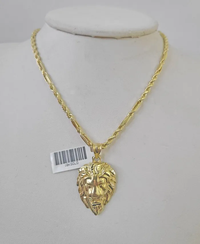 Gold and Diamond Real 10k Milano Rope Chain Roaring Lion Charm Necklace SET 3mm 18 20 22 24 Necklaces
