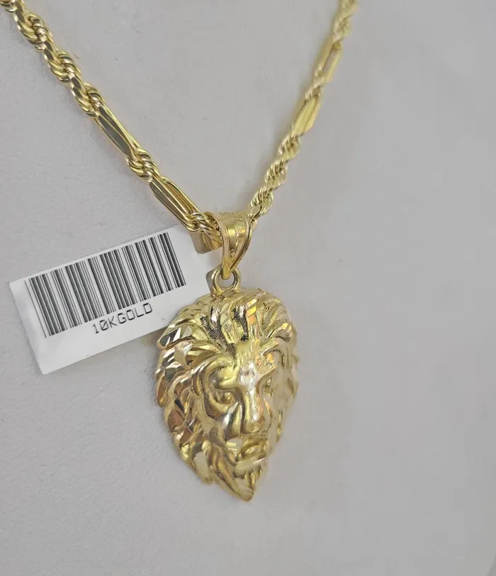 Gold and Diamond Real 10k Milano Rope Chain Roaring Lion Charm Necklace SET 3mm 18 20 22 24 Necklaces
