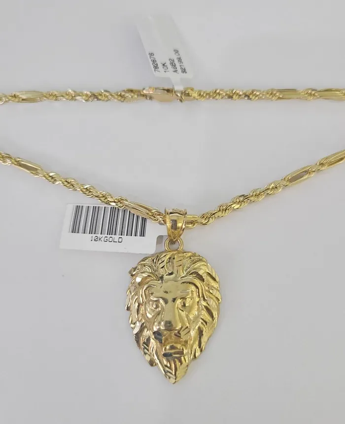 Gold and Diamond Real 10k Milano Rope Chain Roaring Lion Charm Necklace SET 3mm 18 20 22 24 Necklaces