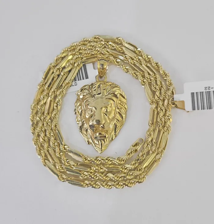 Gold and Diamond Real 10k Milano Rope Chain Roaring Lion Charm Necklace SET 3mm 18 20 22 24 Necklaces