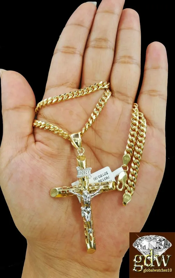 Gold and Diamond Real 10k Yellow Gold Jesus Cross Pendant 24 4mm Cuban Chain Necklaces Gold and Diamond Real 10k Yellow Gold Jesus Cross Pendant 24 4mm Cuban Chain Necklaces