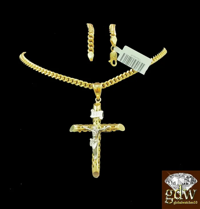 Gold and Diamond Real 10k Yellow Gold Jesus Cross Pendant 24 4mm Cuban Chain Necklaces