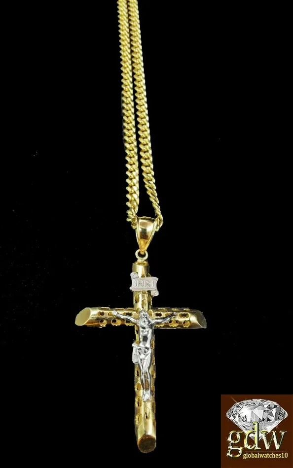 Gold and Diamond Real 10k Yellow Gold Jesus Cross Pendant 24 4mm Cuban Chain Necklaces
