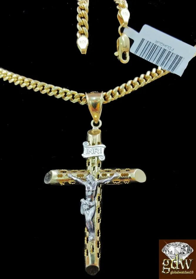 Gold and Diamond Real 10k Yellow Gold Jesus Cross Pendant 24 4mm Cuban Chain Necklaces