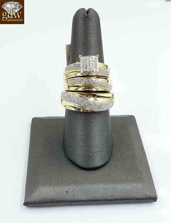 Gold and Diamond Rings Solid 10k Yellow Gold Diamonds His Hers Men Women Wedding Ring Band Trio Set