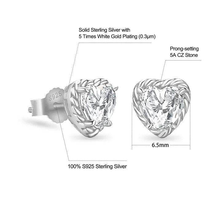 KRKC Earrings Womens Twisted Heartshaped Diamond Stud Earrings