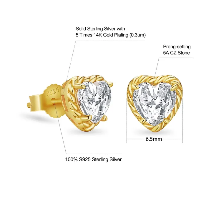 KRKC Earrings Womens Twisted Heartshaped Diamond Stud Earrings