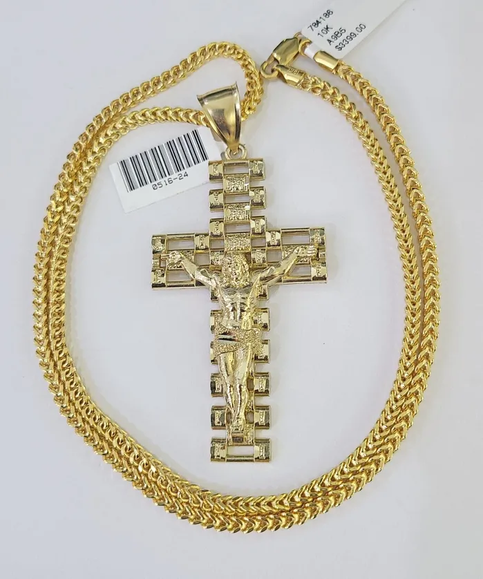 Necklaces Gold and Diamond 10K Franco Chain Jesus Crucifix Cross Pendant Charm Necklace 2026 3mm Gold