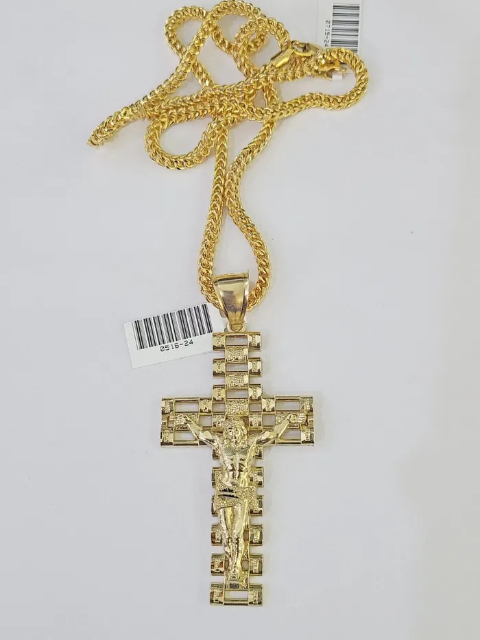 Necklaces Gold and Diamond 10K Franco Chain Jesus Crucifix Cross Pendant Charm Necklace 2026 3mm Gold