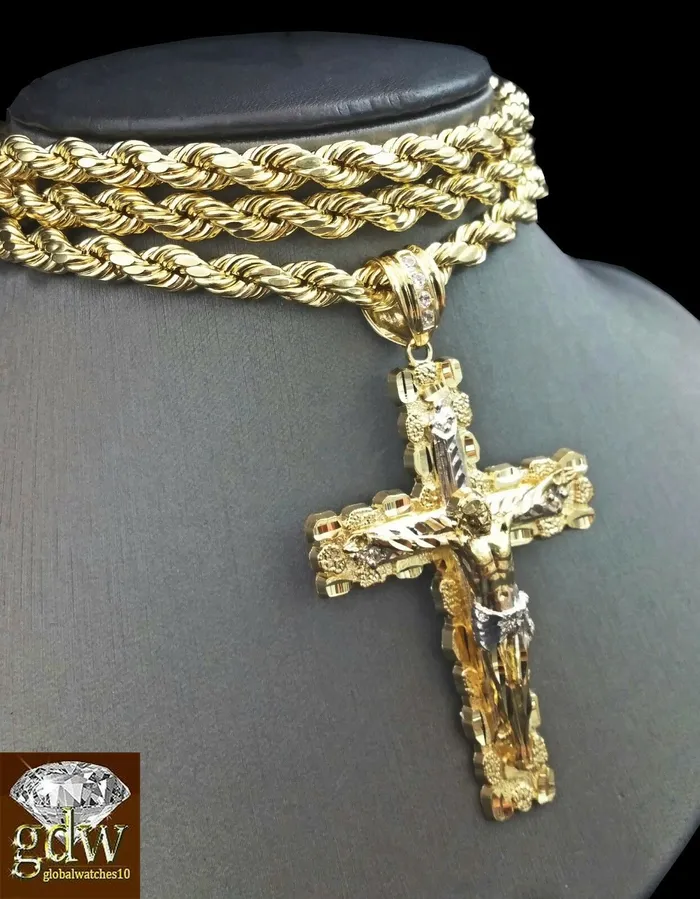 Necklaces Gold and Diamond Real 10K Yellow Gold 28 Inch Rope Chain with Jesus Cross Charm Pendant Necklaces Gold and Diamond Real 10K Yellow Gold 28 Inch Rope Chain with Jesus Cross Charm Pendant