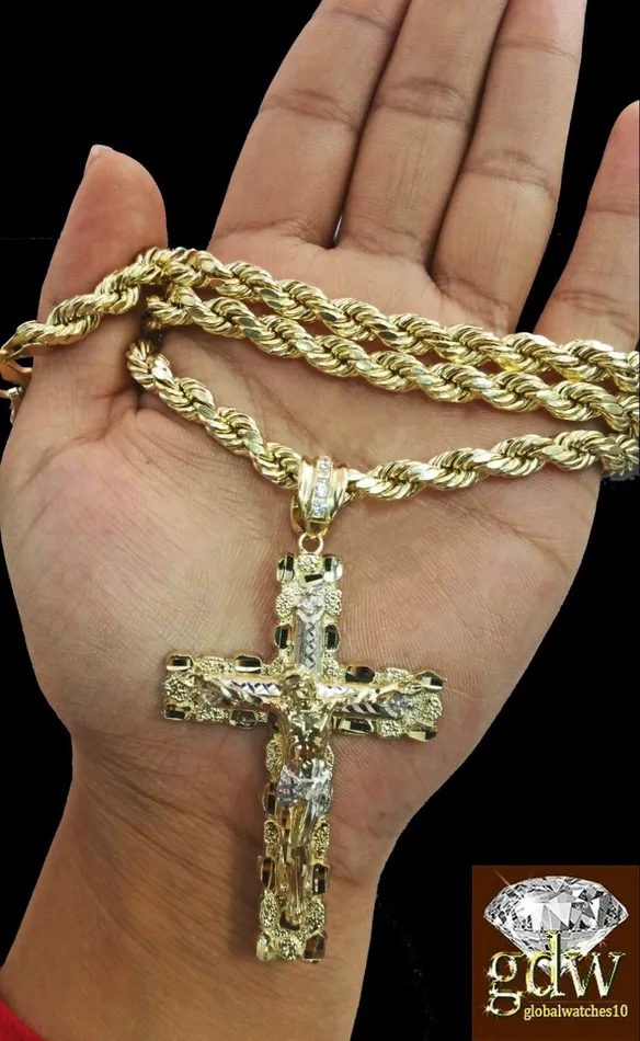 Necklaces Gold and Diamond Real 10K Yellow Gold 28 Inch Rope Chain with Jesus Cross Charm Pendant