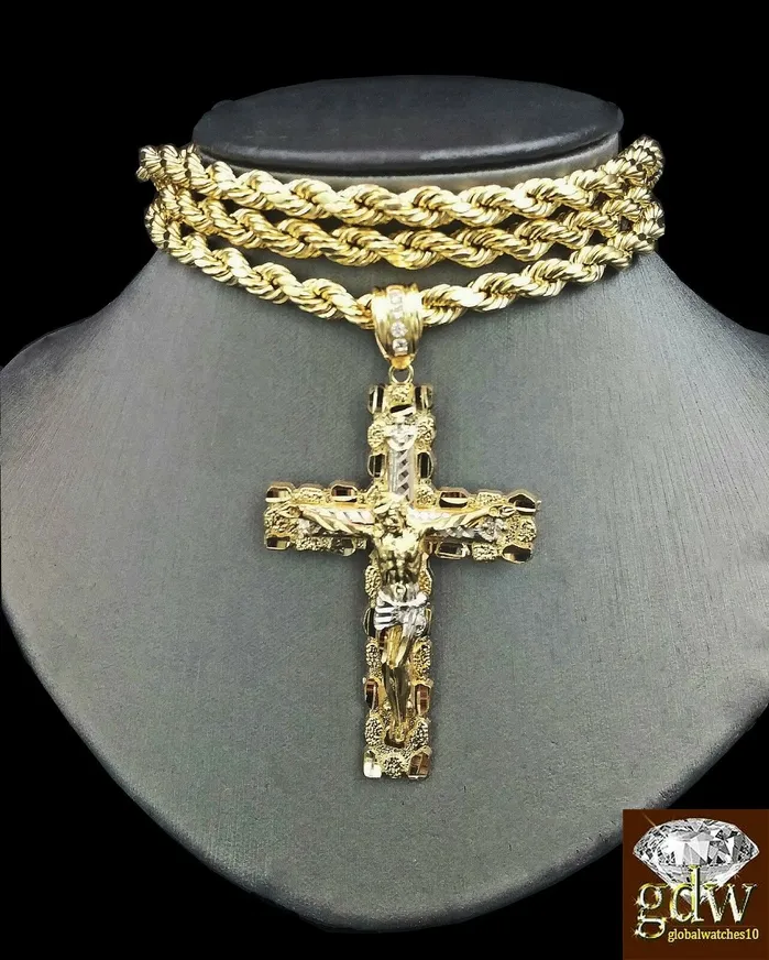 Necklaces Gold and Diamond Real 10K Yellow Gold 28 Inch Rope Chain with Jesus Cross Charm Pendant