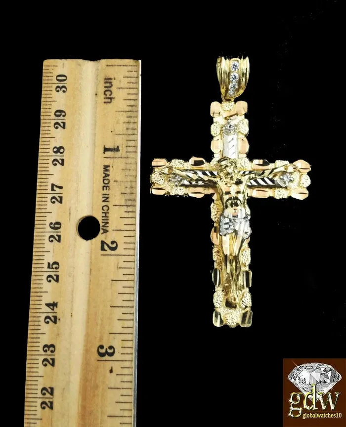 Necklaces Gold and Diamond Real 10K Yellow Gold 28 Inch Rope Chain with Jesus Cross Charm Pendant